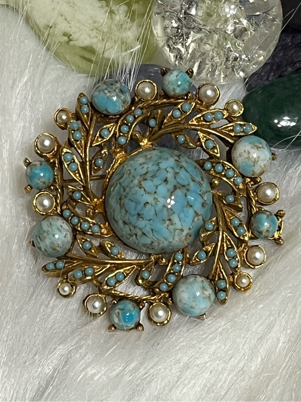 Vintage Turquoise Pearl Brooch